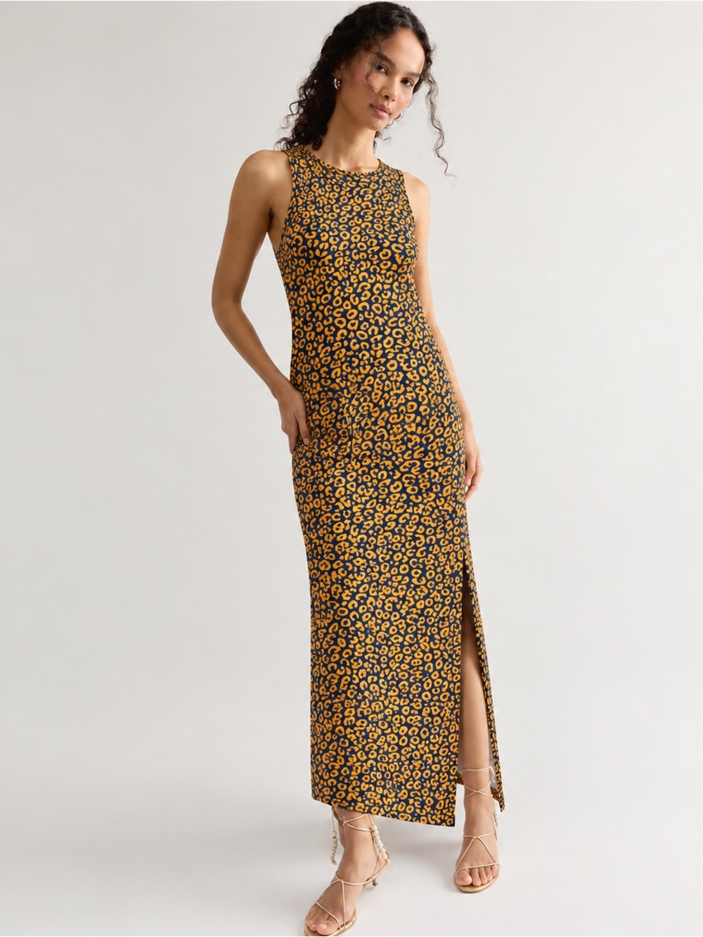 Old Navy Leopard Print Midi Dress Sleeveless Side Slit Stretch Career Office, M